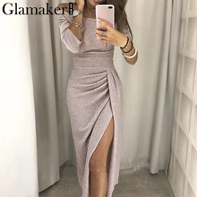Glamaker, люрекс, с открытыми плечами, сексуальное платье для женщин, с разрезом, сексуальное, розовое, длинное, для вечеринки, элегантное, облегающее, половина рукава, черное платье, vestidos