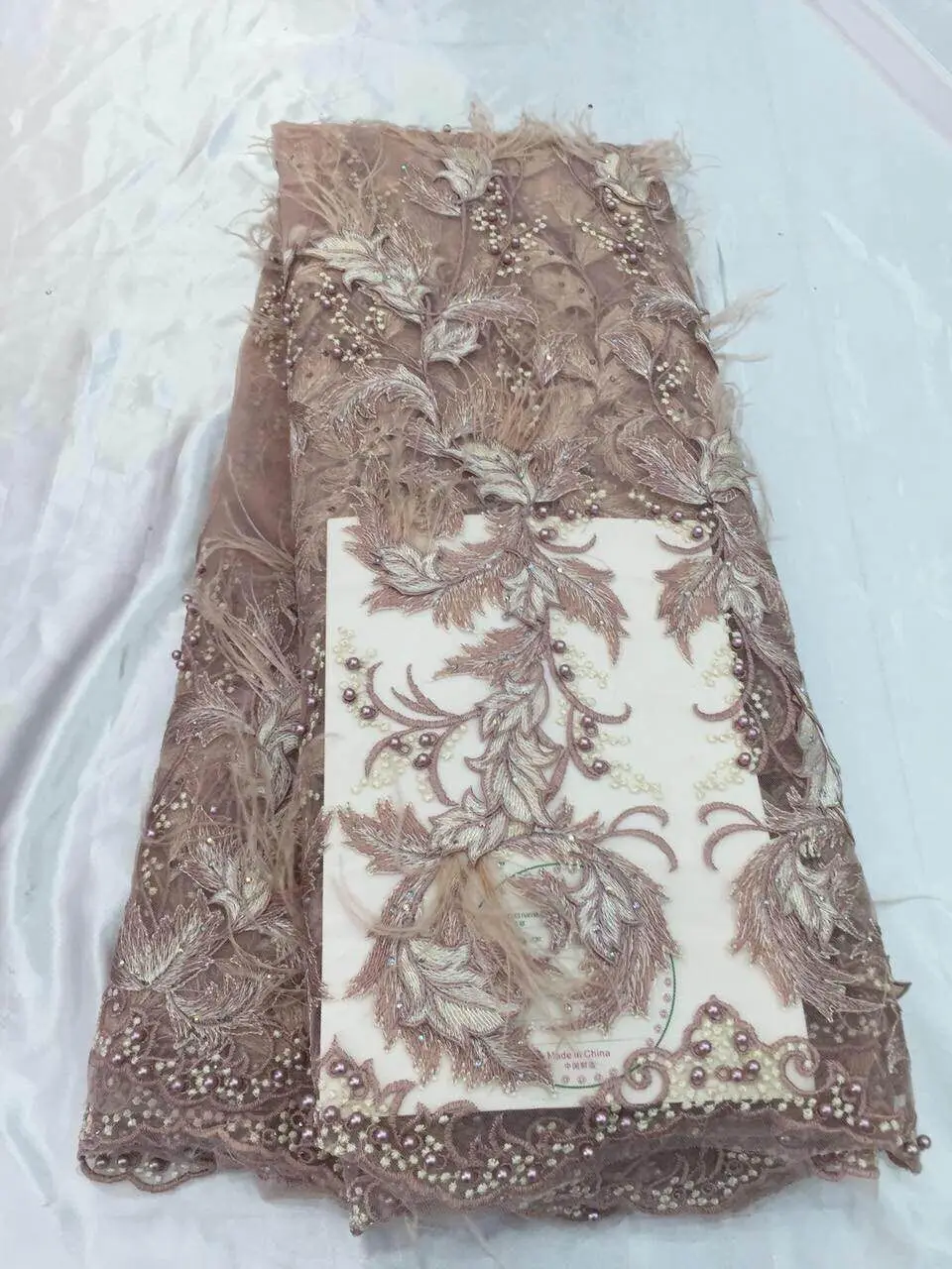 

luxury feather embroidered lace fabric with beads good looking CiCi-91216 french net lace fabric