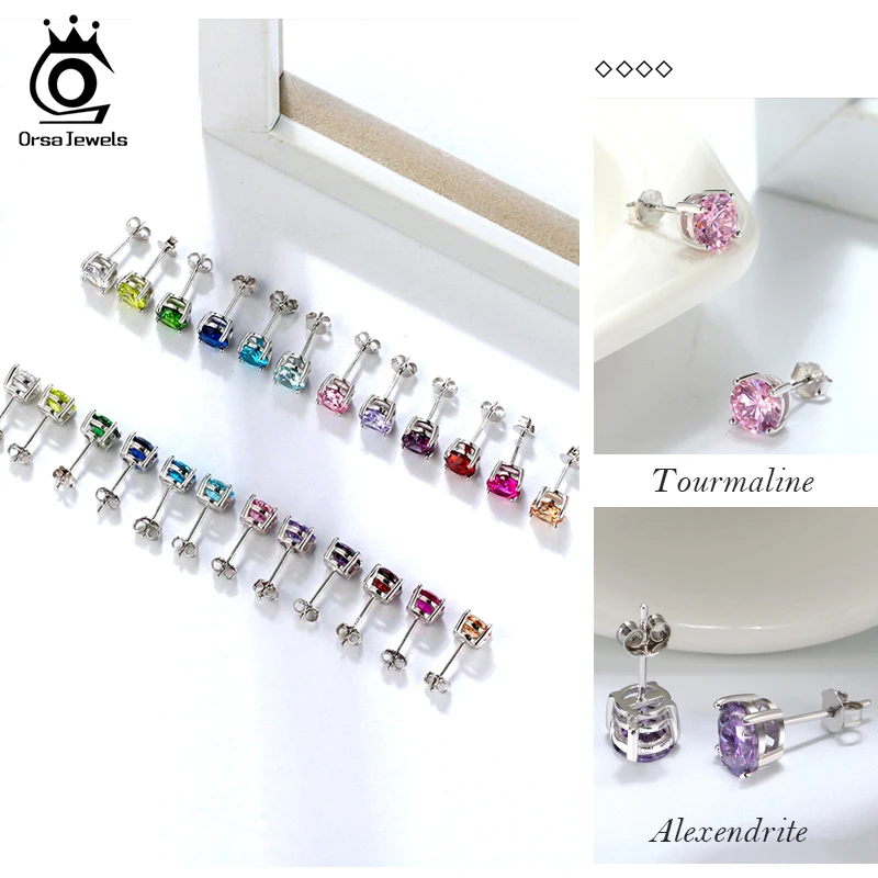 ORSA JEWELS 925 Sterling Silver Birthstone Earrings For Women AAA Cubic Zircon 14 Colors Stud Earring Fine Silver Jewelry OSE84 - Image 2