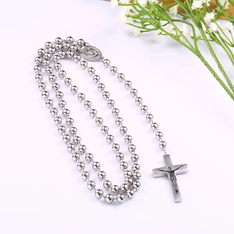 RIR причастие Четки длинное католическое ожерелье с распятием нержавеющая сталь 6 мм молитвенные бусы Религиозные ювелирные изделия - Окраска металла: Silver