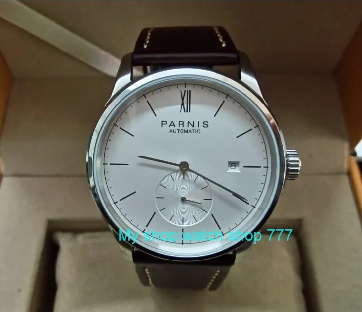 40 мм Parnis белый циферблат Самовзводные механическое движение Мужские часы Авто Дата Механические часы zdgd118
