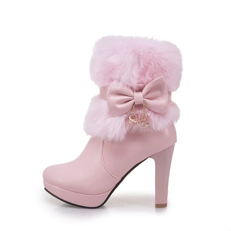 Women Boots Autumn Winter Warm Fur New Sweet Pu Butterfly-knot Mid-calf Snow Boots Black Pink White High-heeled Shoes MAZIAO