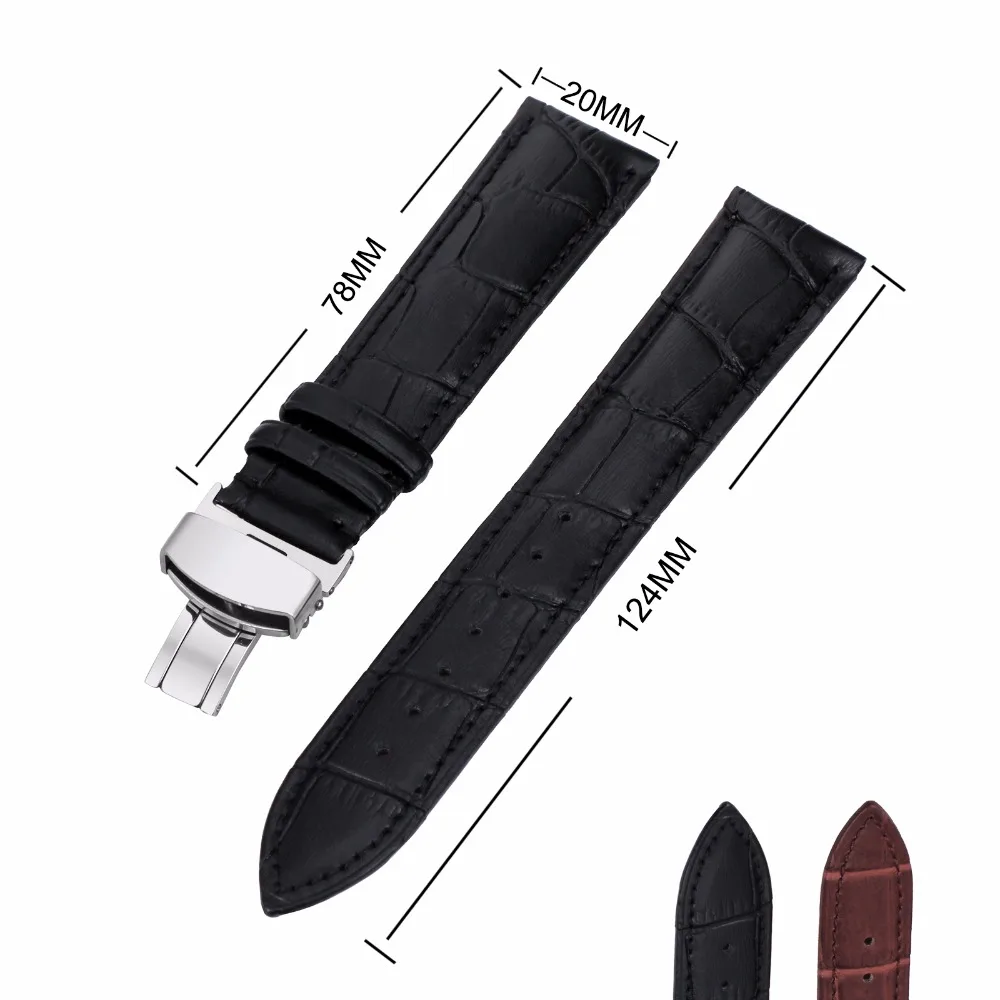 

Luxury Black Genuine Leather Butterfly Deployant Clasp Watchband 18 20 22 24mm Replacement Watch Strap for Men and Women