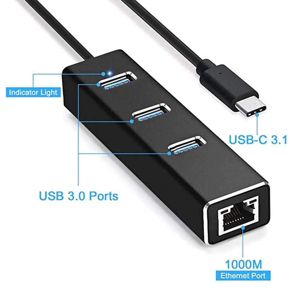 

USB C Hub,Leadzoe Type C Adapter with 3 USB 3.0 Hub Port and 1 10/100/1000 Mpbs RJ45 Gigabit Ethernet LAN Network Port Adapter
