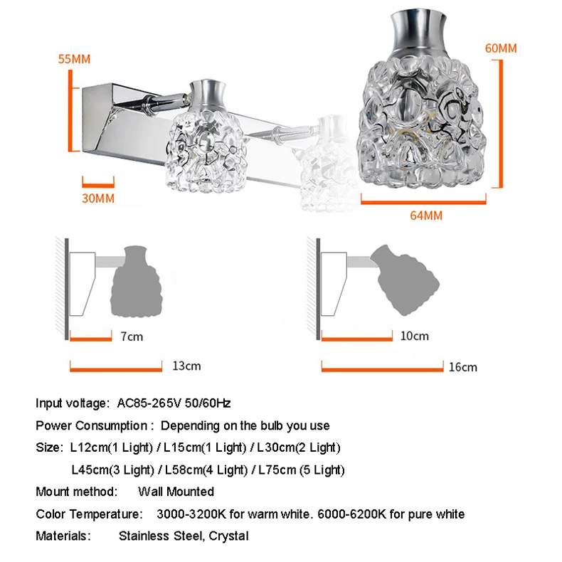 Современный хрустальный настенный светильник, зеркальный шкаф, светодиодный светильник с зеркалом, прикроватный светильник для спальни, туалетный светильник, настенный светильник, светодиодный светильник G4