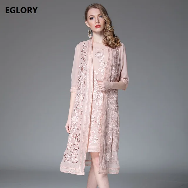 New 2018 Spring Summer Dress Sets Women Luxury Embroidey Long Coats+Sleeveless Dress Suit Two