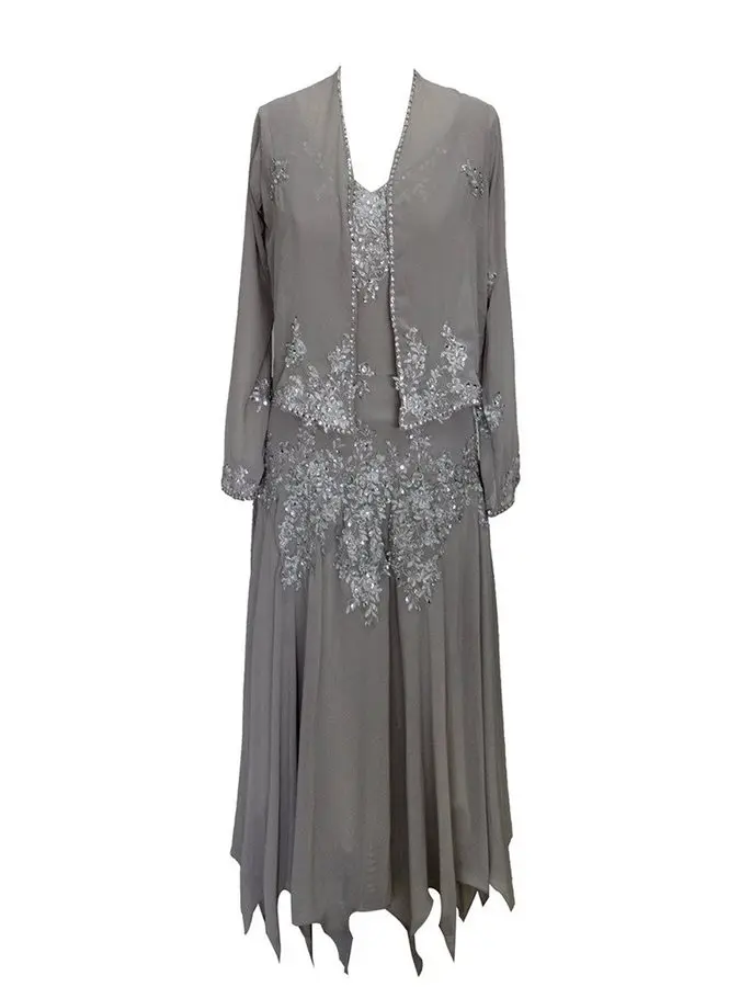 Real Moeder van Bruid Jurken Met Jacket A-lijn Thee-Lengte Lange Mouwen Kant Applicaties Kralen Chiffon Bruiloft Gast Jurken party Real Moeder van Bruid Jurken Met Jacket A-lijn Thee-Lengte Lange Mouwen Kant Applicaties Kralen Chiffon Bruiloft Gast Jurken party