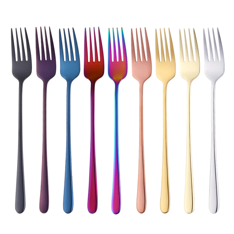 2PCS/lot Stainless Steel Long Handle Korean Rainbow Dinner Fork Mirror