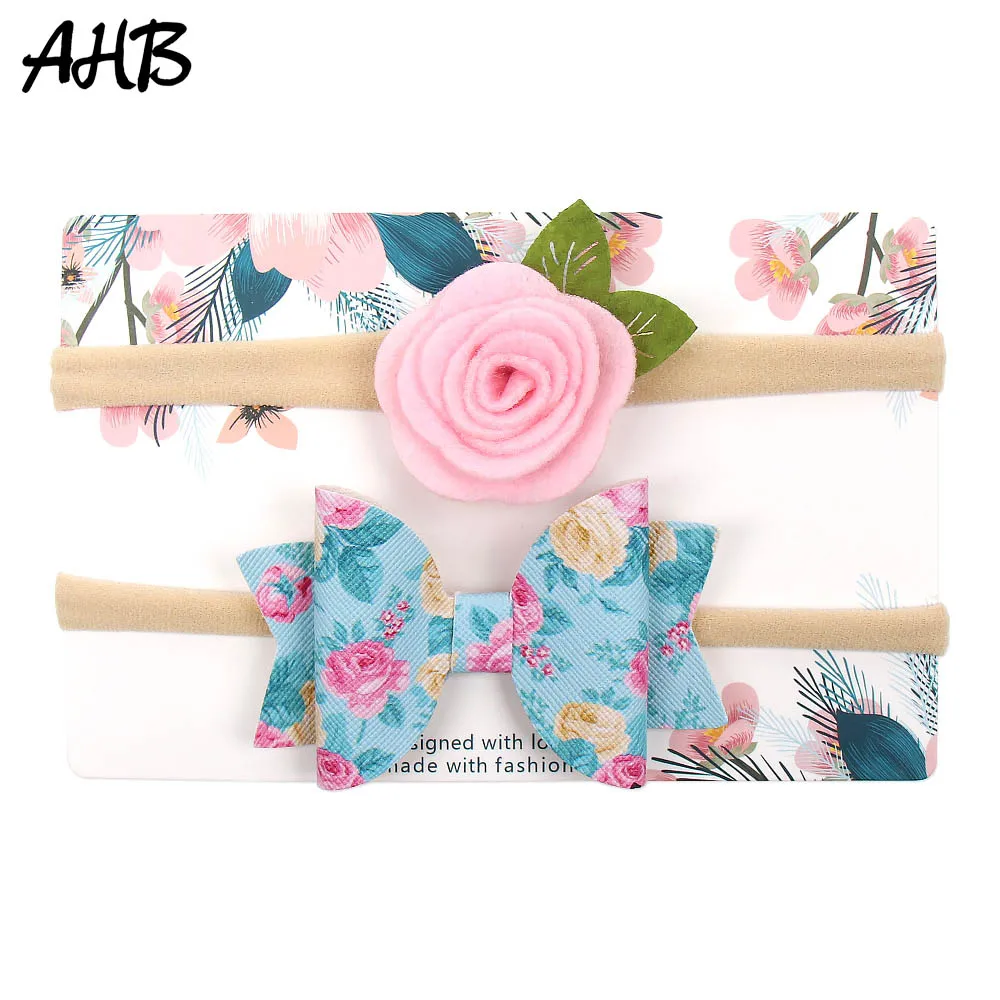 AHB 2Pcs/set Headband for Baby Girls Cute Felt Flower Print Leather Hair Bows Newborn Elastic Head Band Birthday Kids Headwear