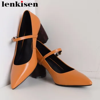 

Lenkisen 2018 buckle strap pointed toe genuine leather strange high heels pumps European younger mature women leisure shoes L27