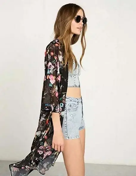 

2019 Summer Flower Women Chiffon Boho Floral Print Kimono Sunblock Tops Blouse Cardigan Cover-Ups