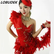Красный Пром Новые Модные Сексуальная певица костюм из двух частей перо поезд костюмы комбинезон певица танцор выступлений Рождественская