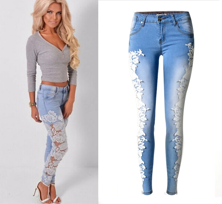 

Hot New !! Women fashion design lace jeans women casual cowboy trousers Cotton Denim Pants Slim Fit Jeans For Ladies