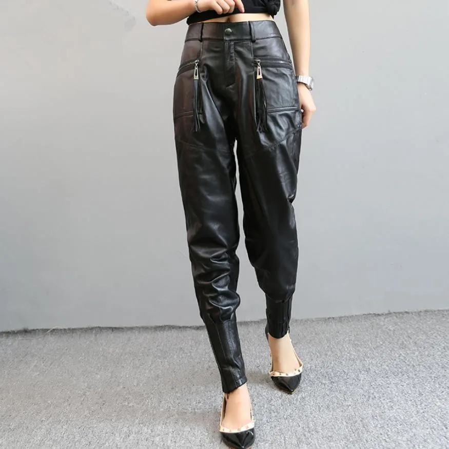 Winter Fashion Women Genuine Leather Trousers Loose  Was 