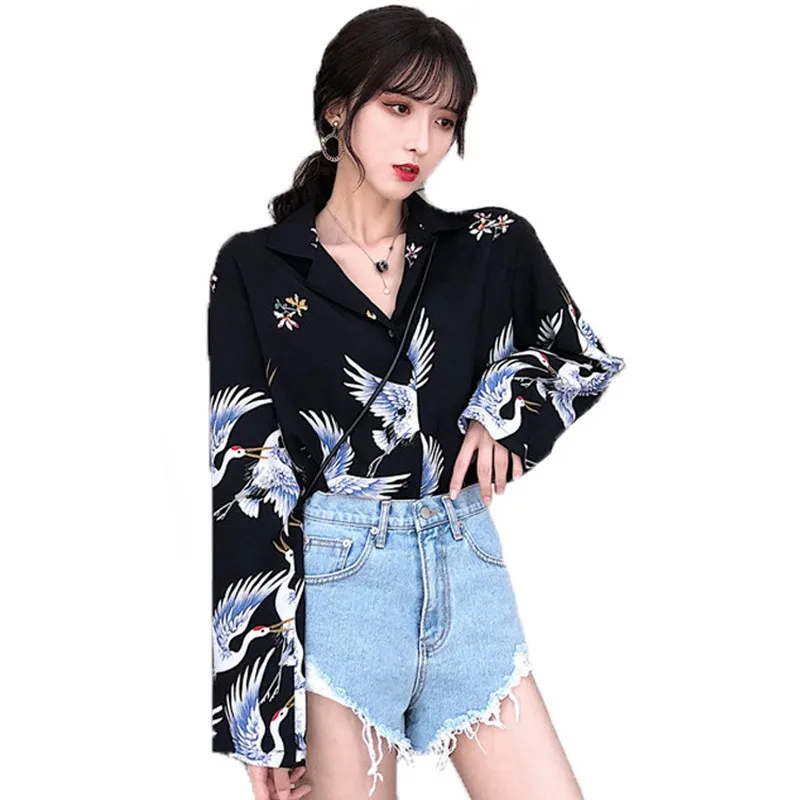 

Harajuku Crane Printed Women Loose Blouses Vintage Chic 2018 Autumn Fashion Shirts Long Sleeve Chiffon Femme Blouse Shirt