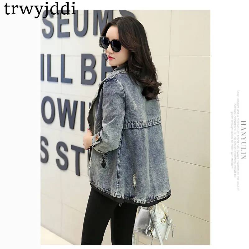 incredible  2019 Fashion Spring Jacket Coat Korean Loose Large Size Short Denim Jacket Female Double Breasted C