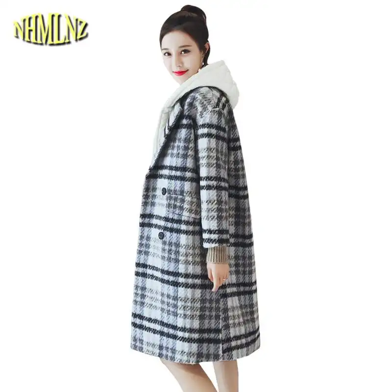 

Women Plaid Woolen Jacket 2019 Fashion Winter New Slim Medium Long Coat Casual Warm Females Outerwear Korean Ladies Coat LY605