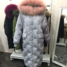 Зимнее модное женское пуховое пальто куртка с большим воротником из меха енота свободного размера плюс рукав летучая мышь выше колена