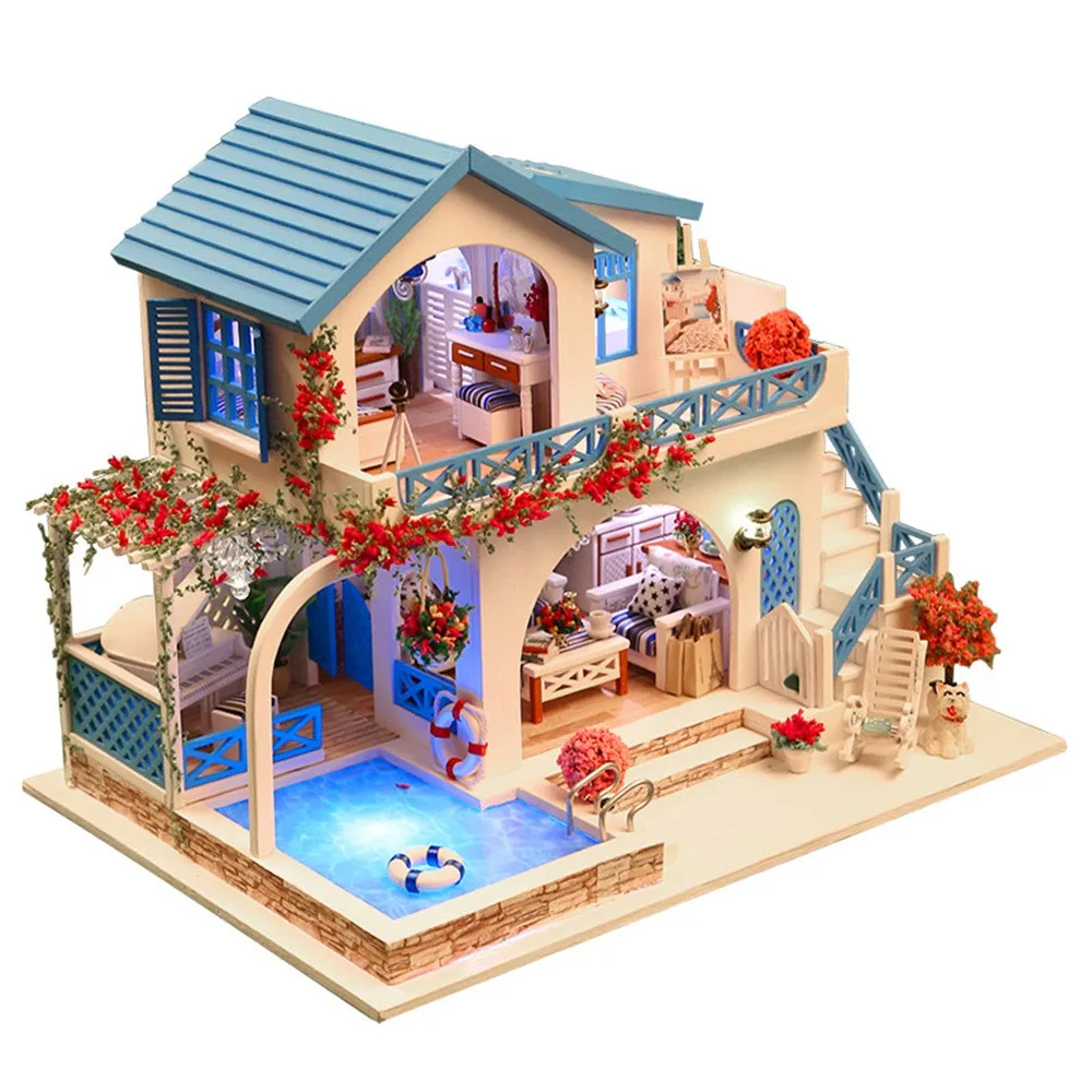 

Blue and White Town DIY Cottage Princess Room DIY Christmas House Assemble Miniature Dollhouse LED Furniture Kit Xmas Gift