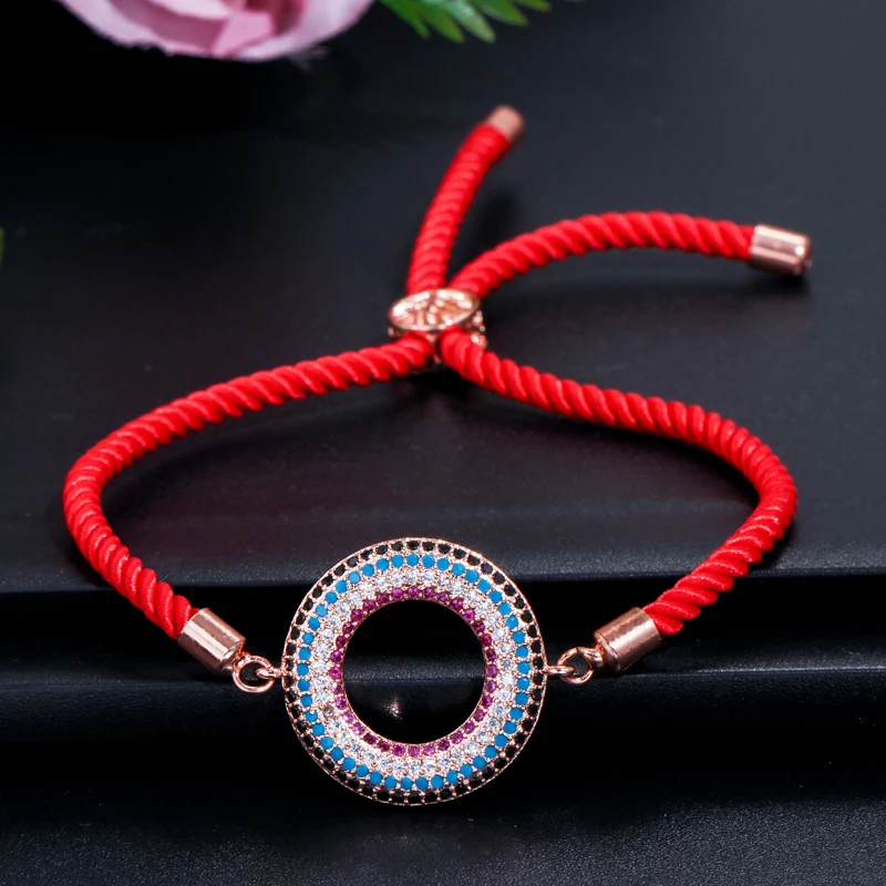 CWWZircons Adjustable Size Rose Gold Color Hollow Round Micro Paved Cubic Zirconia Charm Red Rope Bracelets for Women CB040|Браслеты с