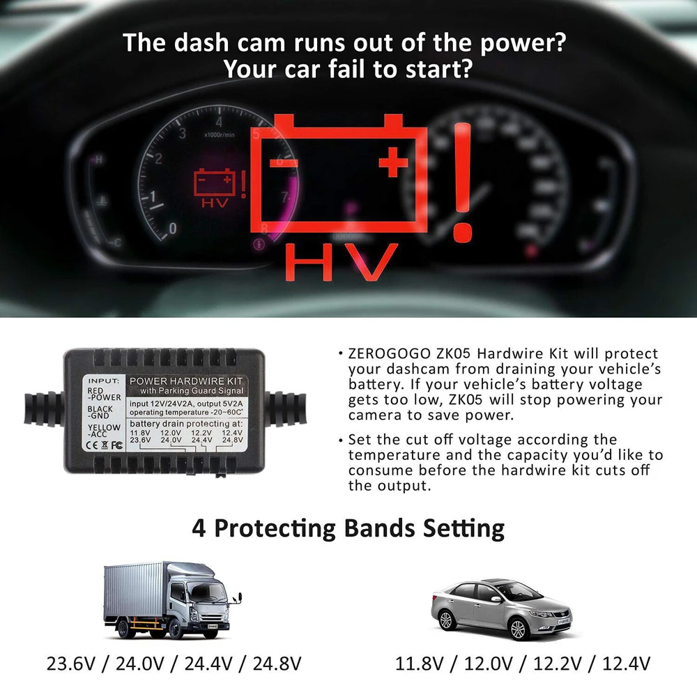 Комплект жесткого провода ZEROGOGO DC 12 В 24 до 5 2.0A DVR Кабель адаптер питания мини Micro USB