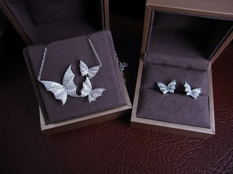 

Luxury AAA cubic zirconia micro pave setting 3 butterfly clear crystal pendant necklace and stud earrings set,S3766