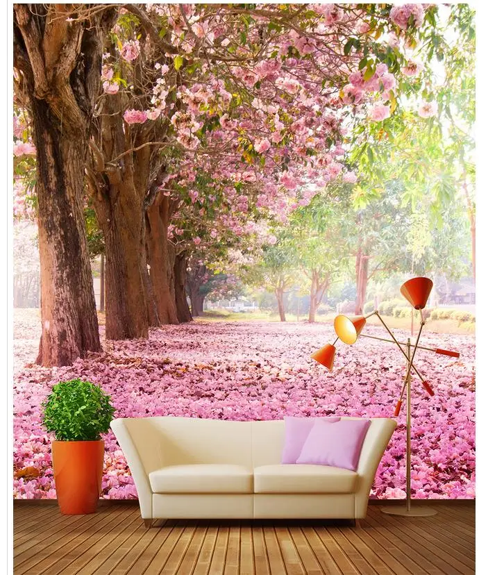 

Custom photo wallpaper Pink romantic cherry blossom avenue living room wallpaper 3d painting