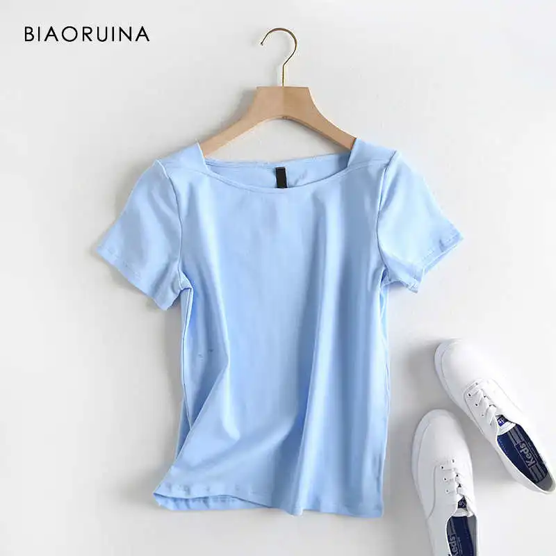 BIAORUINA, 3 цвета, Женская Повседневная однотонная хлопковая футболка, квадратный рукав, короткий рукав, женские летние универсальные футболки, повседневные топы для девочек - Цвет: Небесно-голубой