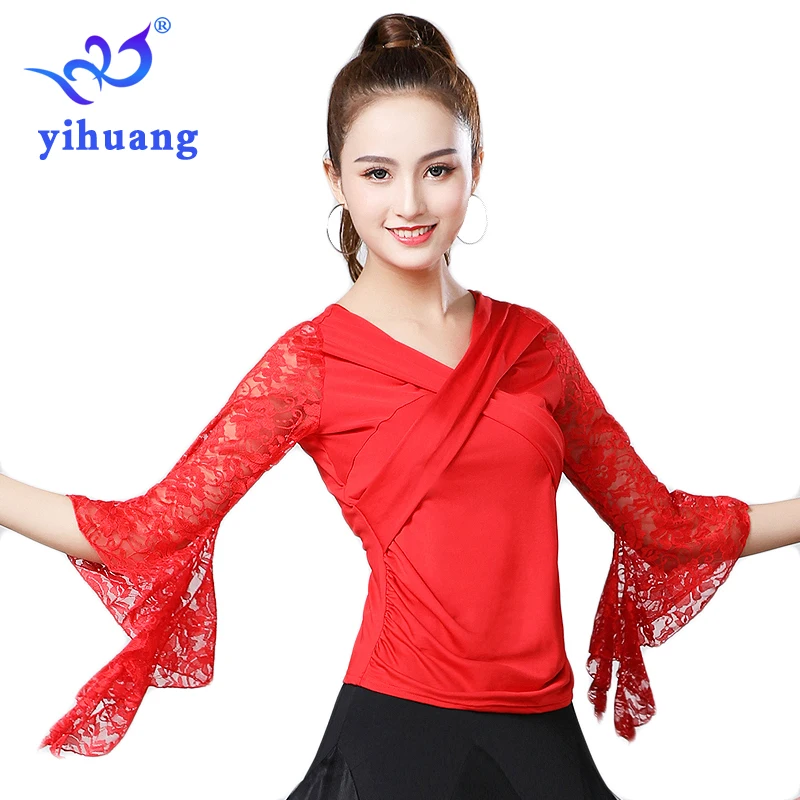 Summer New Women Waltz Ballroom Dance Tops Modern Standard Tango Latin Dancewear Party Performance Blouses Lace Bell Sleeve