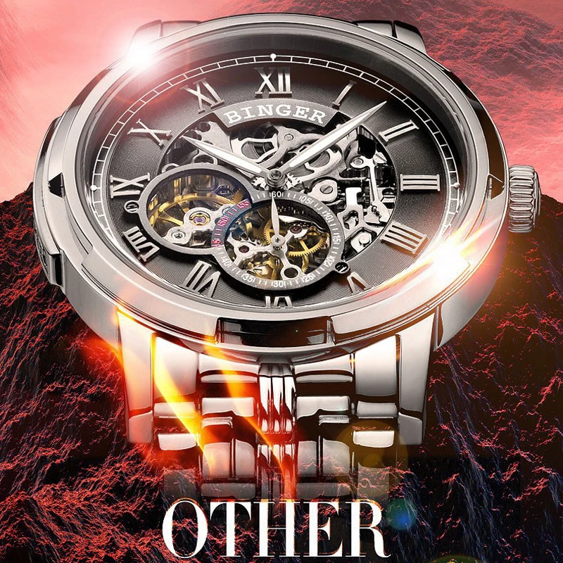 Swizerland بينغر العلامة التجارية الرجال الذاتي الرياح التلقائي ساعات آلية الأزياء مزدوجة الهيكل العظمي الذكور الصلب مضيئة للماء ووتش