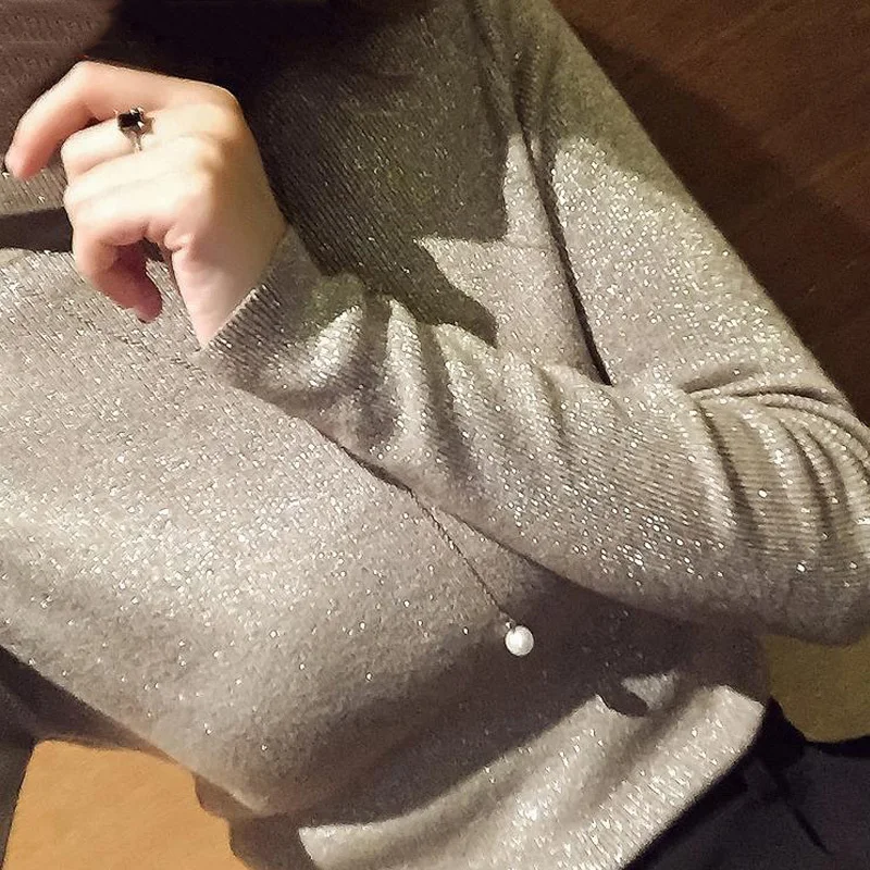 Kopen 2018 Glanzende Pailletten Coltrui Truien Vrouwen Lange Mouwen Trui Womens Gebreide Truien Solid Herfst Winter Jumpers Vrouwelijke Nieuwe