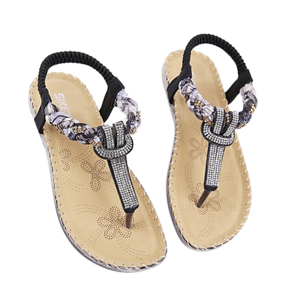 

New Casual Outdoor Toe Flat High Quality Solid Women Bohe Rhinestone Fashion Flat Large Size Casual Sandals Beach Shoes 2019