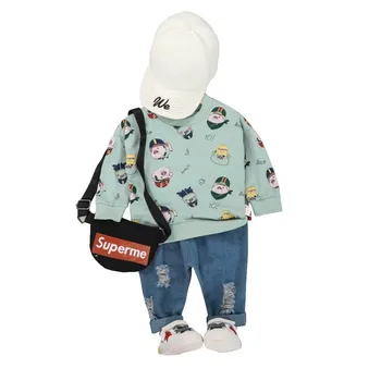 

New Autumn Baby Kids Print Clothes Children Cartoon Long Sleeve Shredded Jeans 2 Pcs/sets Boys Girls Toddler Cotton Tracksuits