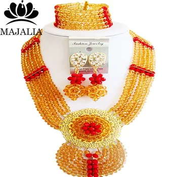 

Majalia Fashion Nigeria Wedding African Beads Jewelry Set Gold champagne and Red Crystal Necklace Bridal Jewelry Sets 6DN035