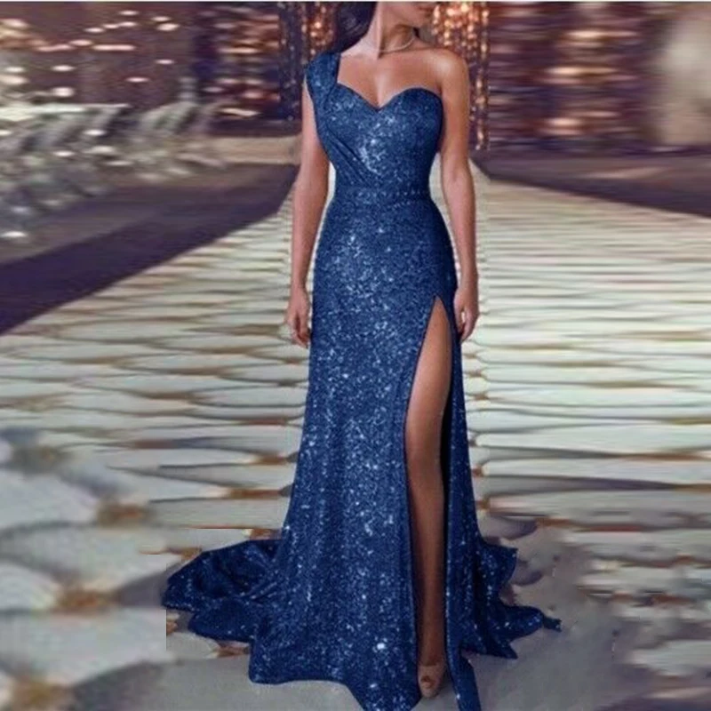

Women One-shoulder Dress Sleeveless High Slit Irregular Solid Color Sexy Elegant Long Cocktail Party Dress