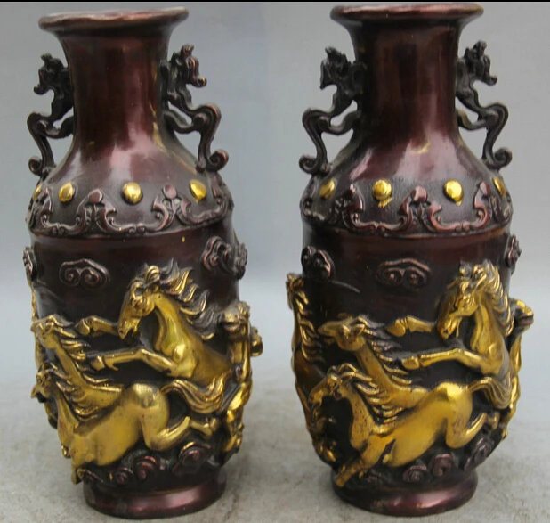 

JP S0524 9" Marked Chinese palace Bronze Gild group Horse handle flower Bottle Vase Pair