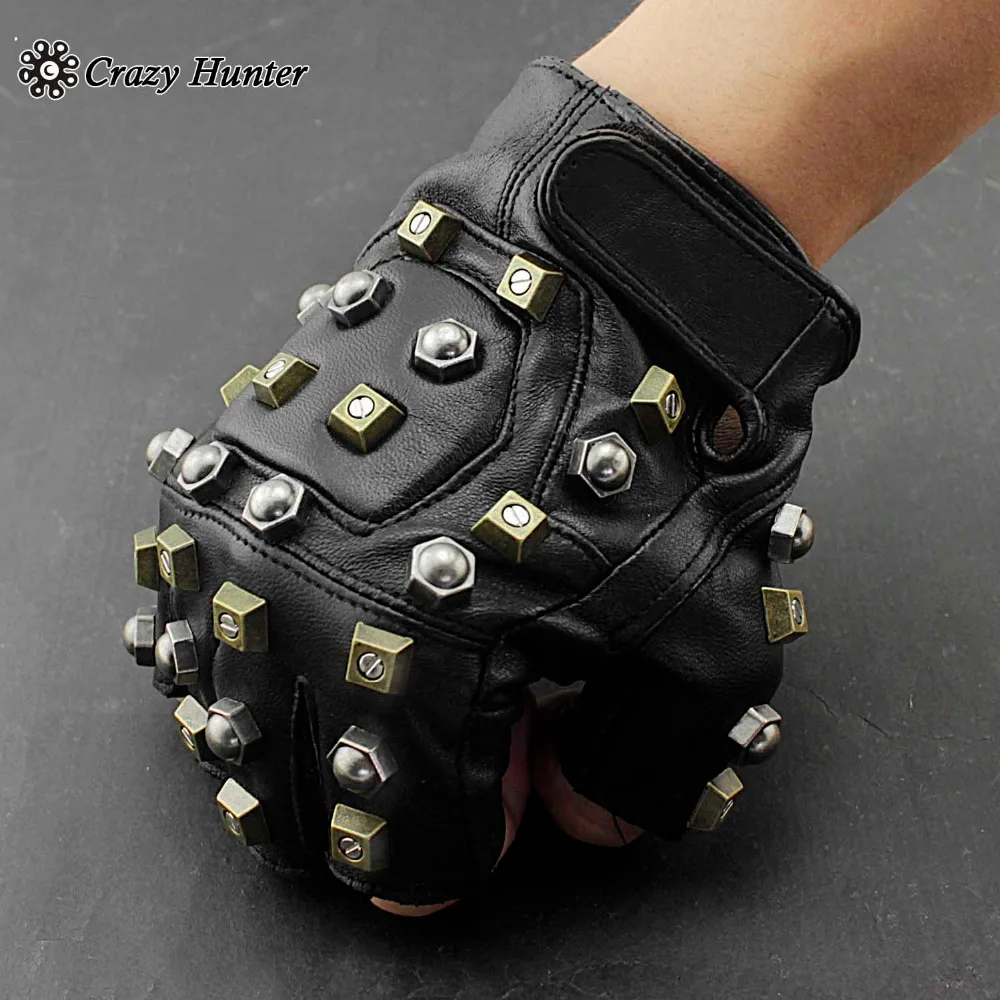 Leather Fingerless Gloves Men Studded Gothic Gloves Punk