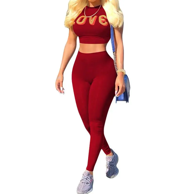 2018 Summer Printed Short Sleeves Crop Top & Long Pants 2 Piece Set Women Female Fashion Tracksuit Suits For Women WS6368S