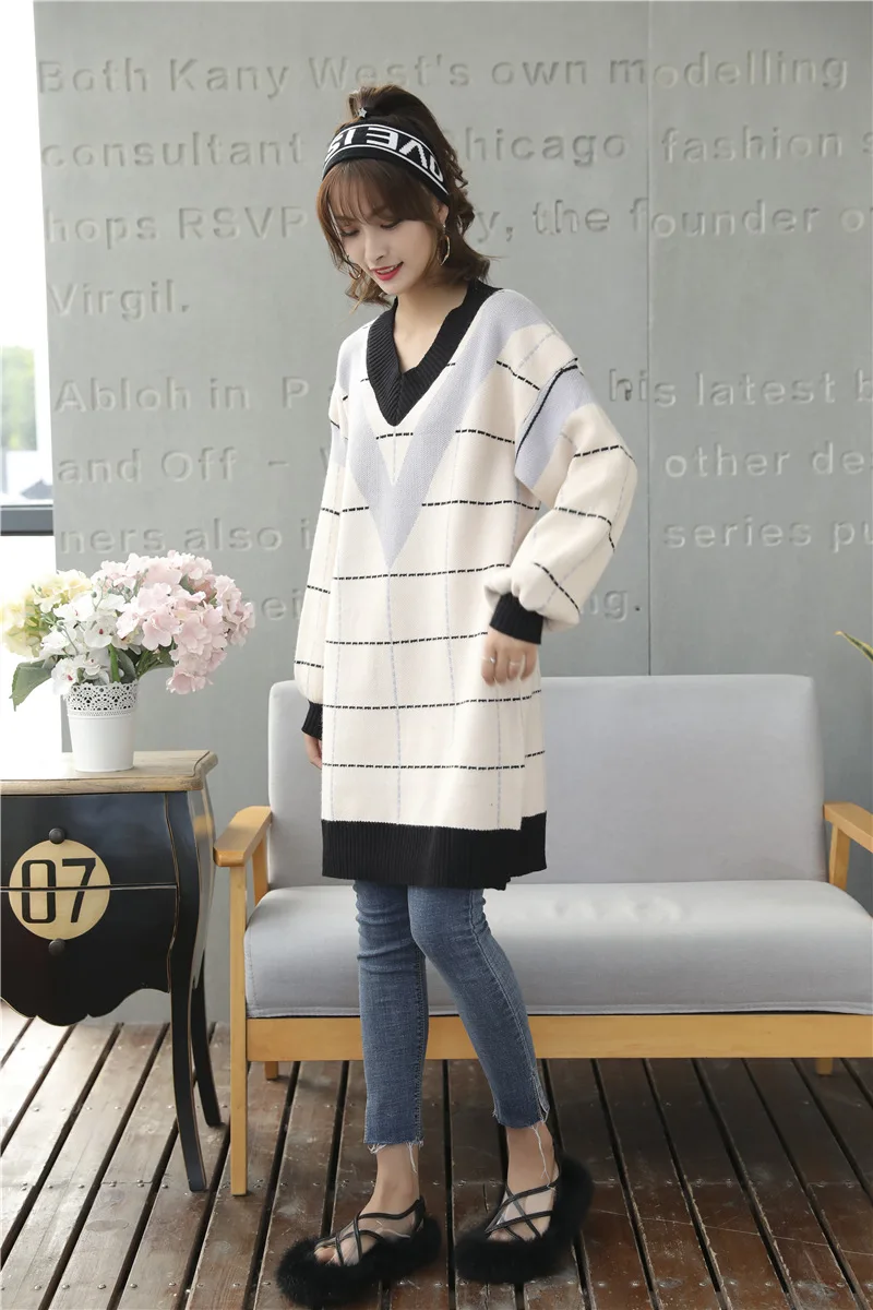 Loose Knitted Sweater V Neck Sweater Female 2018 Women Sweaters dress Pullovers Autumn Long Sleeve Sweater Jumper (23)