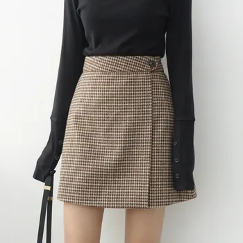 

2018 Winter Women Woolen Vintage Plaid Skirts Female Lolita Bodycon Sexy High Waist Button One-Piece Petticoat Lattice Skirts