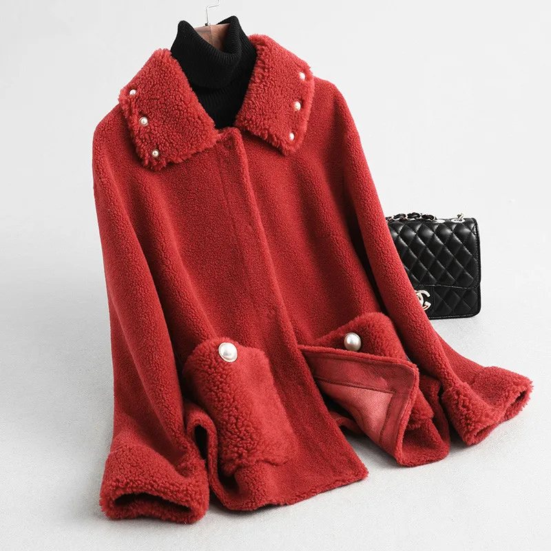 red AYUNSUE, овчина, мех, Корейская куртка, натуральный мех, пальто,, осень, зима, куртка для женщин, Настоящая Шерсть, пальто, Chaqueta Mujer MY3507 - Цвет: red
