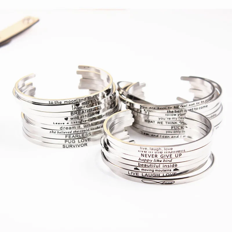 50Pcs/lot Mix Random Stainless Steel Engraved Positive Inspirational Quote Hand imprint Cuff Bracelet Rose Gold Mantra Bangle | Украшения и