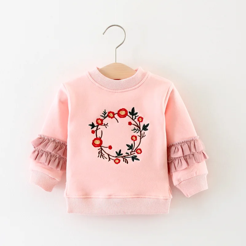 2017 New Sweet Baby Girls Flower Embroidery Sweatshirt Velvet Sweater