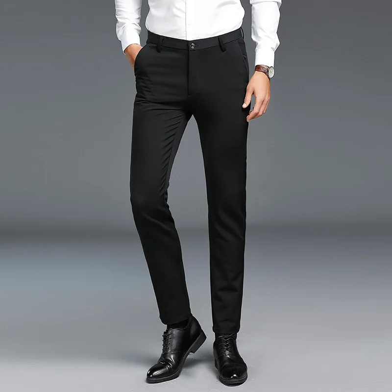 AIRGRACIAS Men Pants High Quality Cotton Casual Pants Stretch male trousers man long Straight Trousers solid color suit pant - Цвет: 668Balck