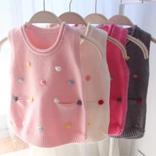 Коллекция года, весенне-осенне-зимние детские жилеты для малышей милые вязаные свитера в горошек детская одежда для девочек жилет для маленьких девочек топы, JW6576