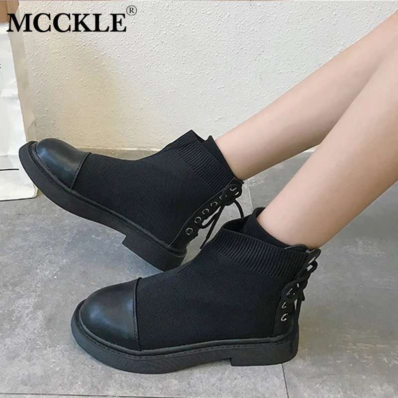 

MCCKLE Women Casual Platform Block Heel Ankle Boots Autumn Female Lace Up Back Strap Creeper Shoes Ladies Leisure Footwear