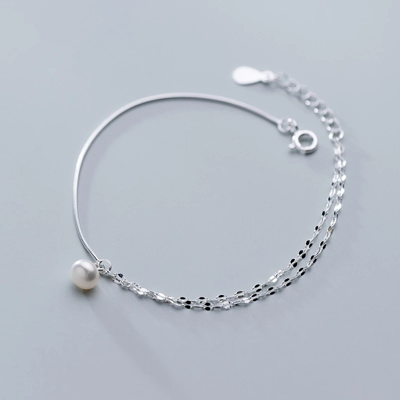 

100% 925 Sterling Silver Bracelet 2019 Pearl Bracelets For Women Beautiful Double Chain Bracelet Bangle pulseras mujer moda 2019