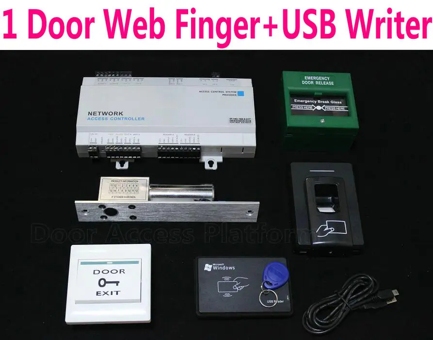 1 Door Web IP Fingerprint reader+Electro Drop Bolt Lock+Network controller panel+USB Card writer+Fire Anti exit button+Software |