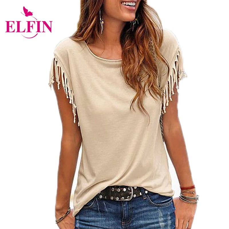 

Fashion Women Blouse Shirt Tassel Casual Blouses Short Sleeve Solid Color Shirts Top O-neck Women's Clothing LJ8470R
