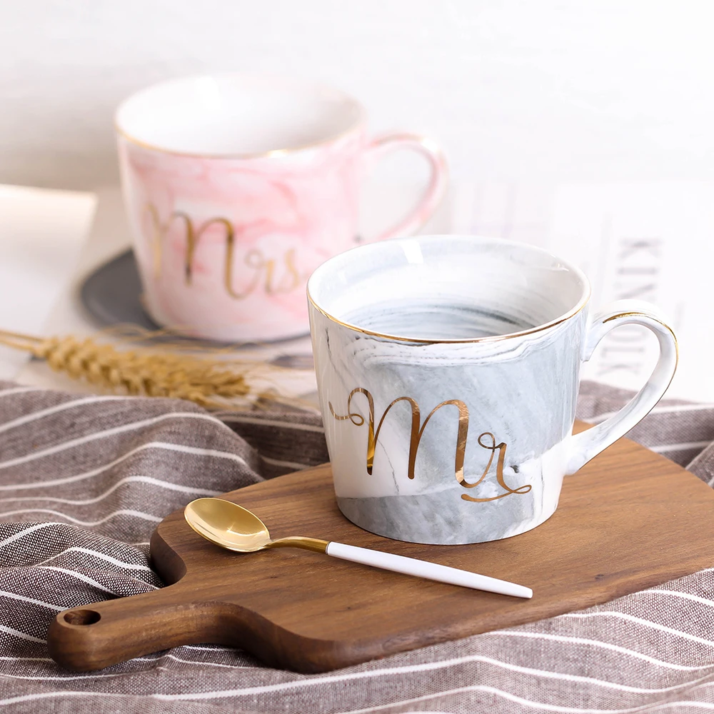 

380ml Marble Ceramic Mug Travel Coffee Mug Milk Tea Cups Creative Mr and Mrs Mugs Pink Gold Inlay Breakfast Home Decor